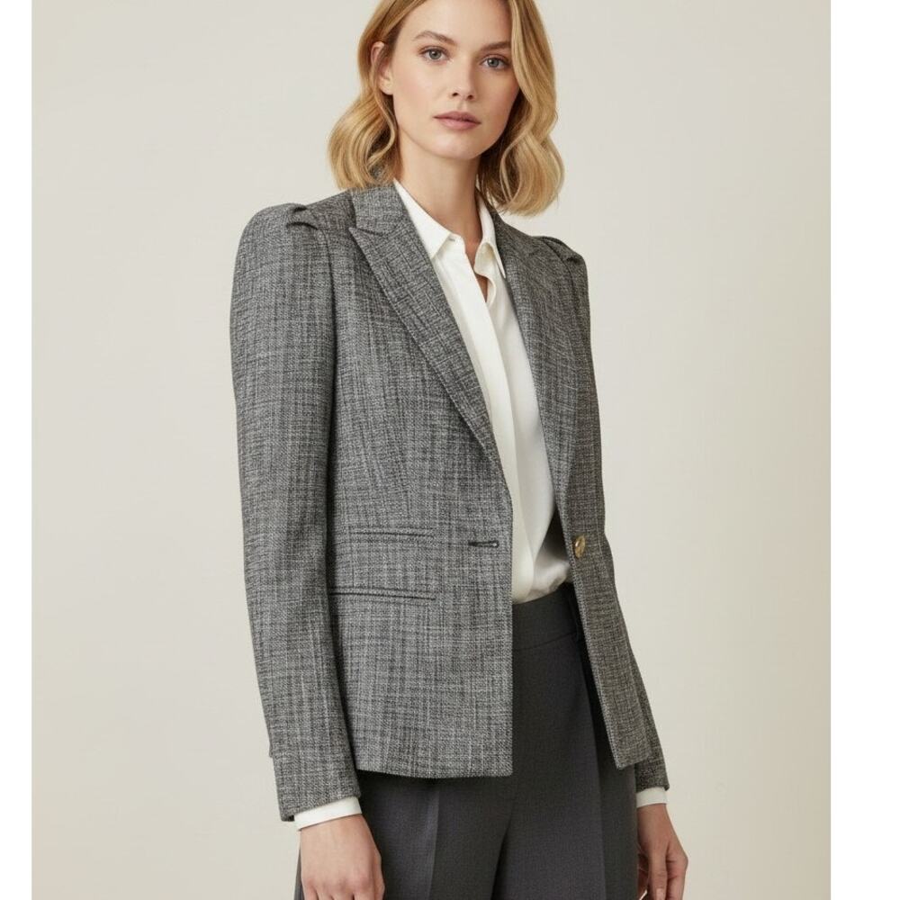 Smythe Crosshatch Box Pleat Pouf Sleeve Blazer Grey Gold Button Jacket Size 12